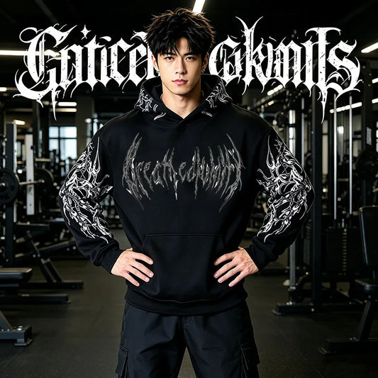 2025 Men's Gothic Skull Thorn Print Hoodie Fleece Lined Winter Streetwear Sweatshirt Casual Warm Pullover Tops for Daily Wear