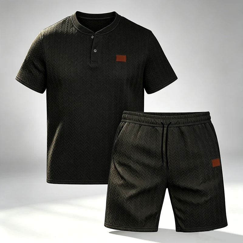 Men Knit Jacquard Henley 2 Piece Set Short Sleeve Drawstring Waist Breathable Lightweight Summer Daily Sport Travel Tracksuit