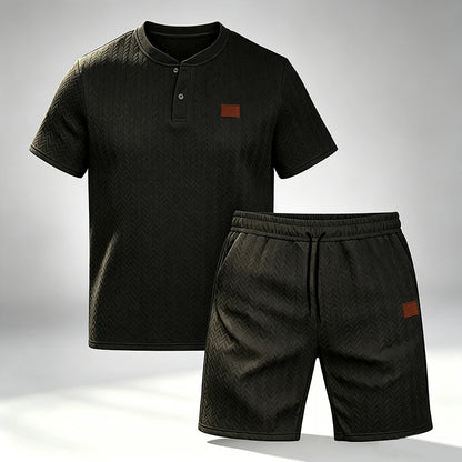 Men Knit Jacquard Henley 2 Piece Set Short Sleeve Drawstring Waist Breathable Lightweight Summer Daily Sport Travel Tracksuit