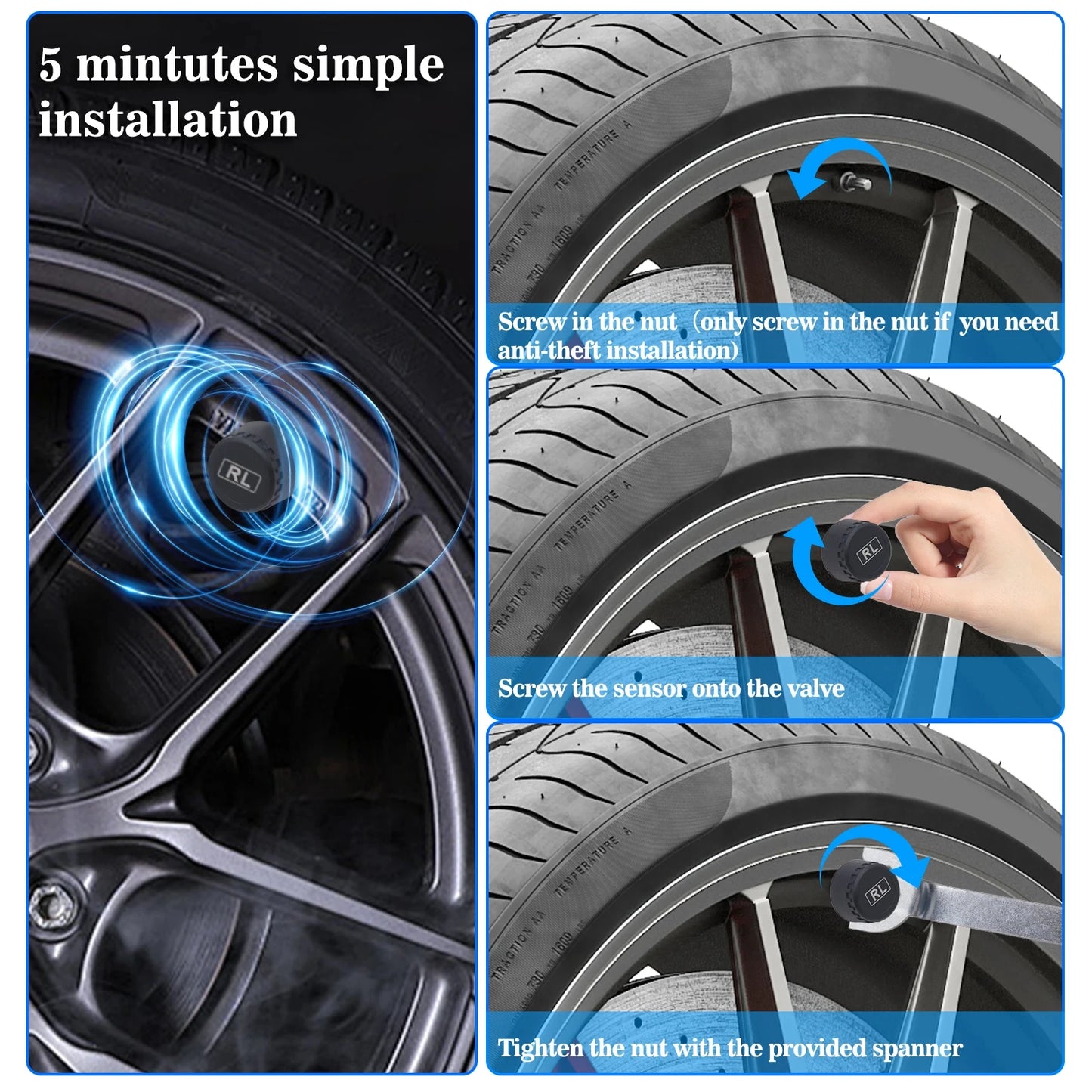 TPMS Solar Tire Pressure Sensor Car Tire Pressure Monitoring System with 4 Wheel Internal External Sensors TMPS