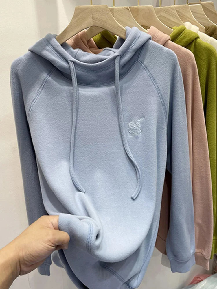 Women's Loose Fit Hoodie Korean Sle Embroidered Dstring Fce Lined Sweatirt Autumn Winter New Arrival