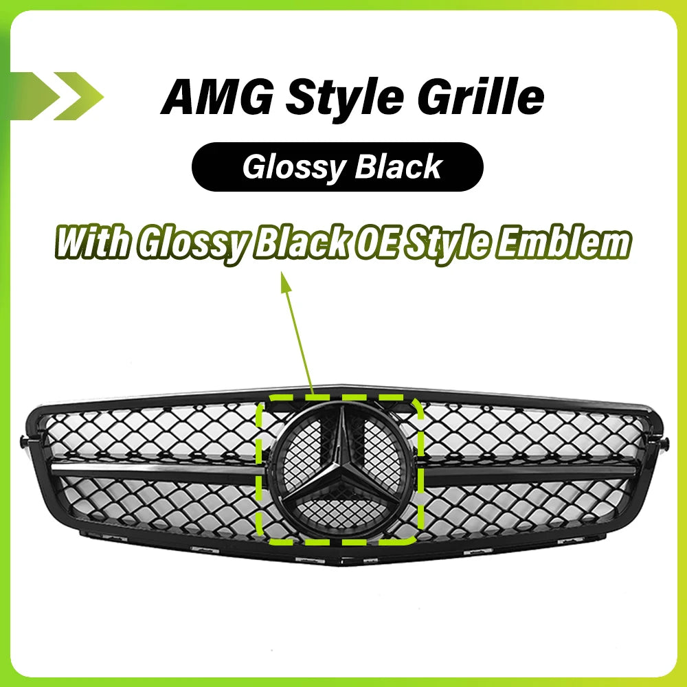 Glossy Black AMG Style Bumper Grille Grill With OE Style Emblem Logo For Mercedes Benz C-Class W204 2008-14 C180 C200 C250 C350