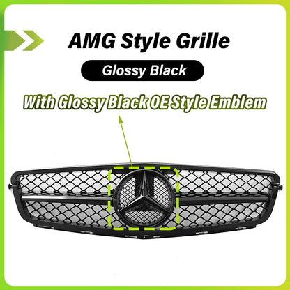 Glossy Black AMG Style Bumper Grille Grill With OE Style Emblem Logo For Mercedes Benz C-Class W204 2008-14 C180 C200 C250 C350