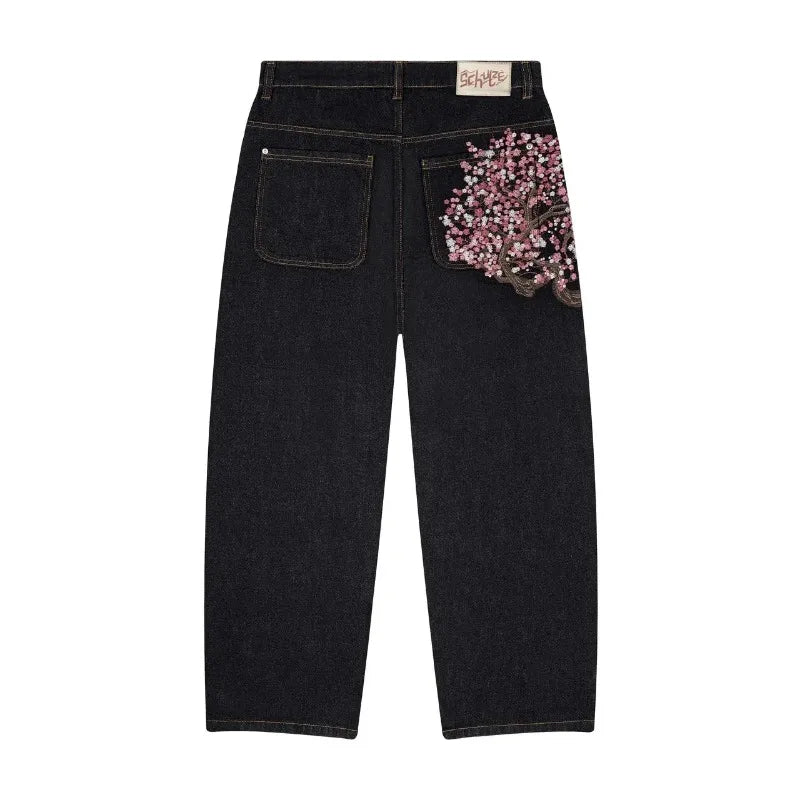 Y2K Baggy Jeans Cherry Blossom Embroidery Denim Pants Men Women American Hiphop Streetwear Wide Leg Denim Trousers