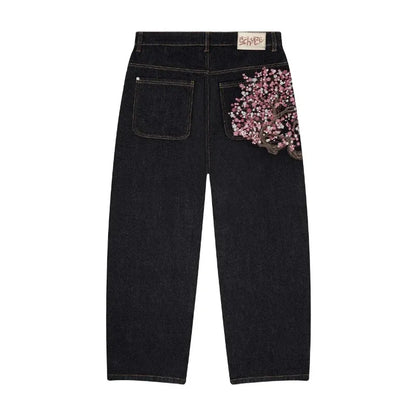Y2K Baggy Jeans Cherry Blossom Embroidery Denim Pants Men Women American Hiphop Streetwear Wide Leg Denim Trousers