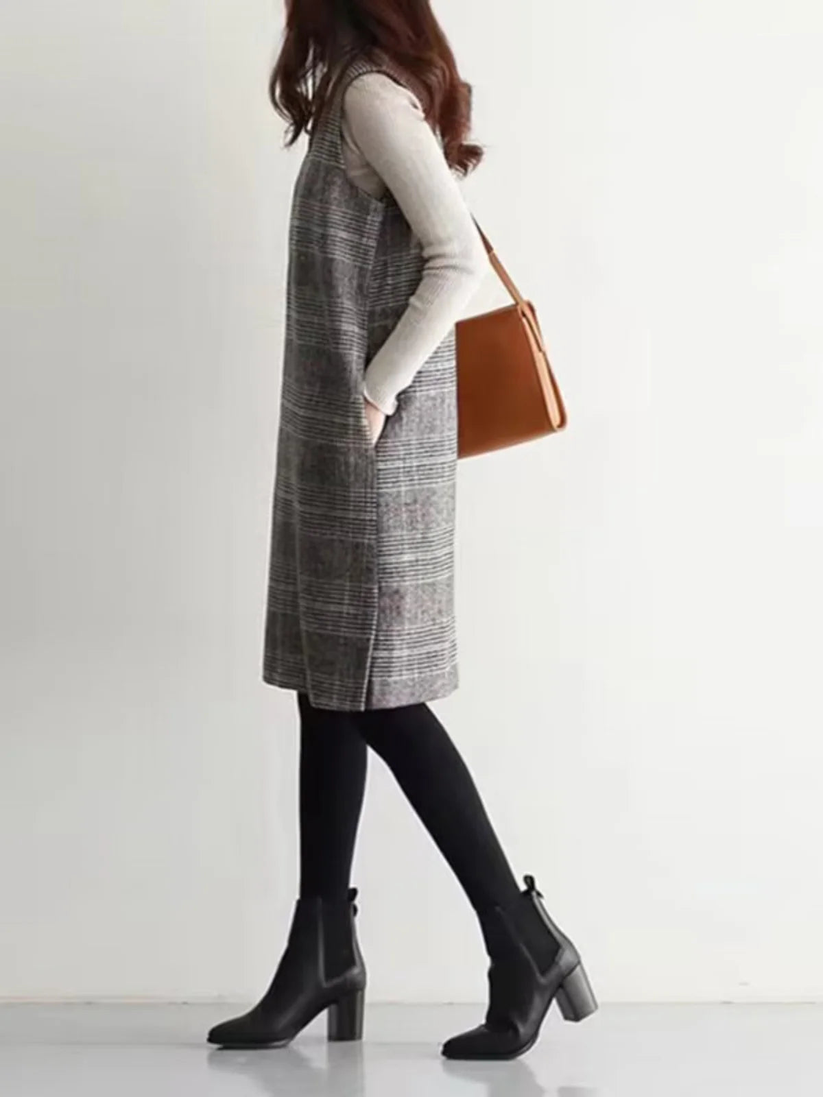 Mid-Length Woolen Ba Zipper Svel Dr Large Size Women's Faion V-Ne Slimming Midi Dr Autumn Casual Sle