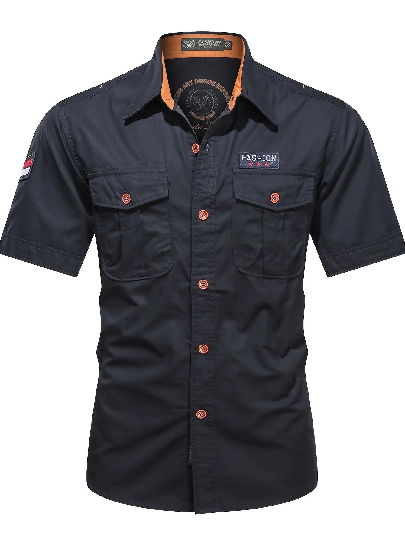 Men's military-style short-sleeved shirt, 100% cotton, multi-pocket design, lightweight and comfortable