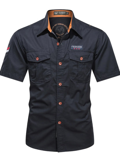 Men's military-style short-sleeved shirt, 100% cotton, multi-pocket design, lightweight and comfortable