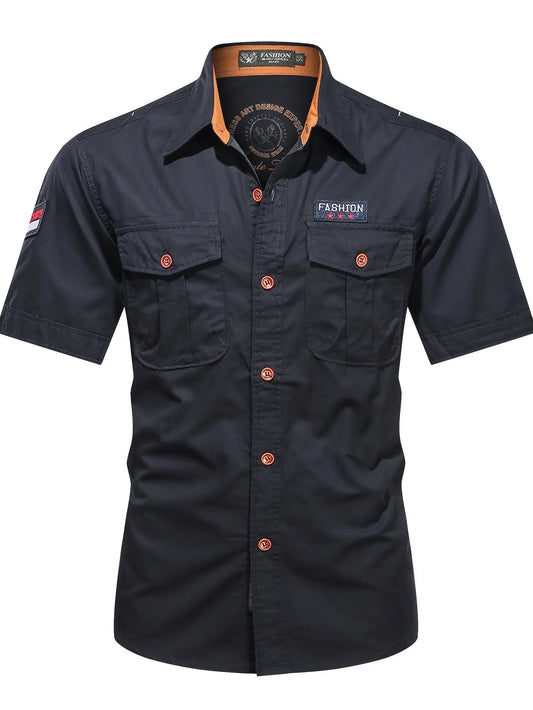 Men's military-style short-sleeved shirt, 100% cotton, multi-pocket design, lightweight and comfortable