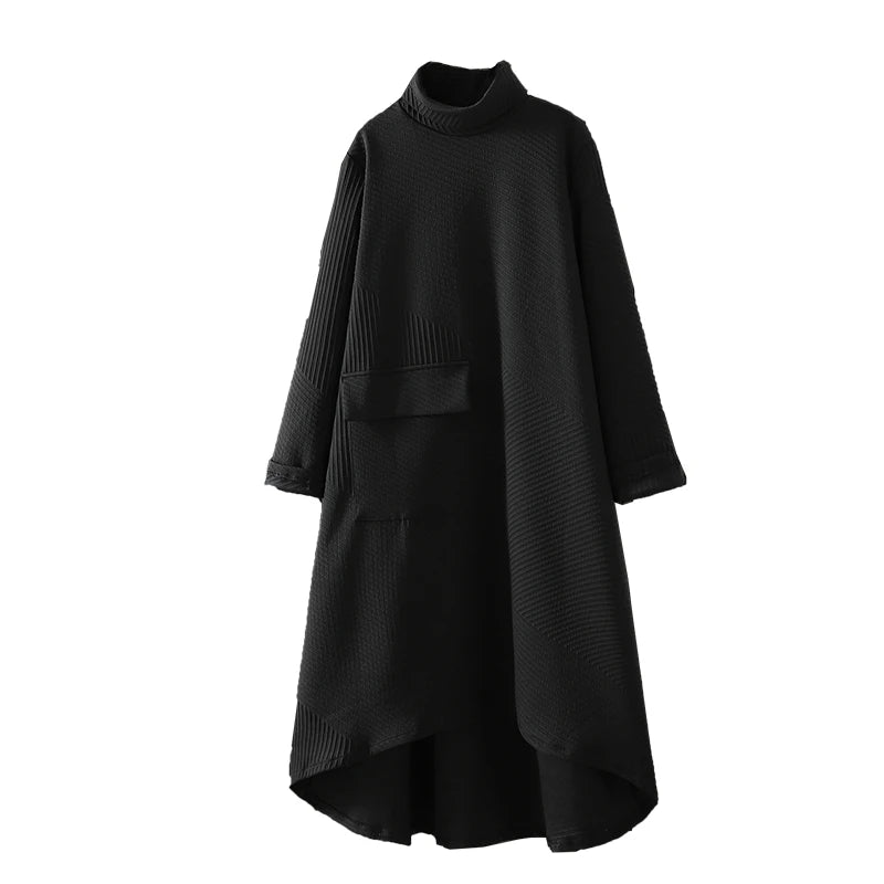Retro Artistic High Collar Long Sleeve Midi Dress Loose Fit Autumn Winter plus Size  Color Commute Style Korean Fashion