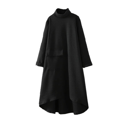 Retro Artistic High Collar Long Sleeve Midi Dress Loose Fit Autumn Winter plus Size  Color Commute Style Korean Fashion