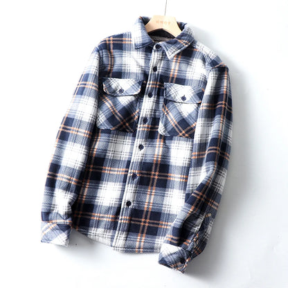 Thickened Plaid Shirt Coat Couples Style Fleece Lined Lamb Fur Casual Warm Outerwear for Men And Women Polyester Fabric