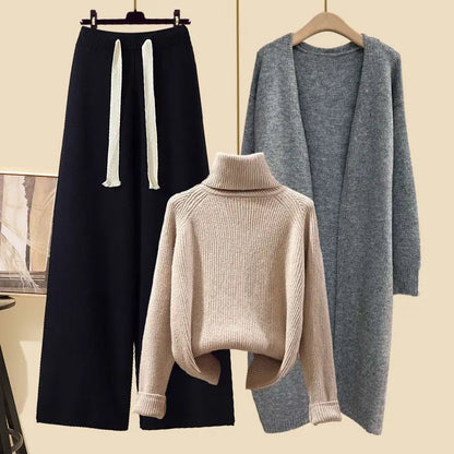 Fashionable Knitted Three-Piece Set Women's Autumn New Lazy Style Open Cardigan Outerwear Slimming Wide Leg Pants