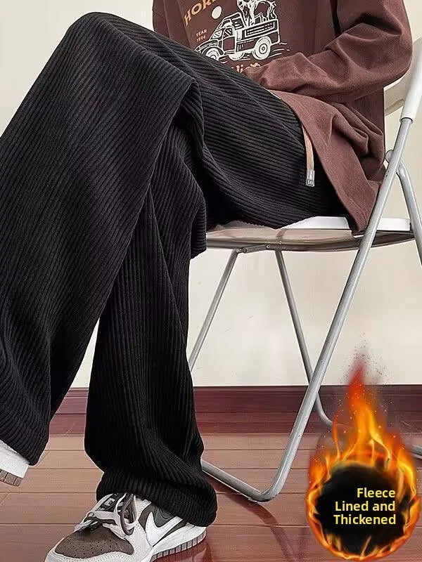 Men's Winter Thickened Fleece Lined Corduroy Wide Leg Sporty Casual Pants Loose Fit Straight Leg Long Trousers Fashionable Yo...