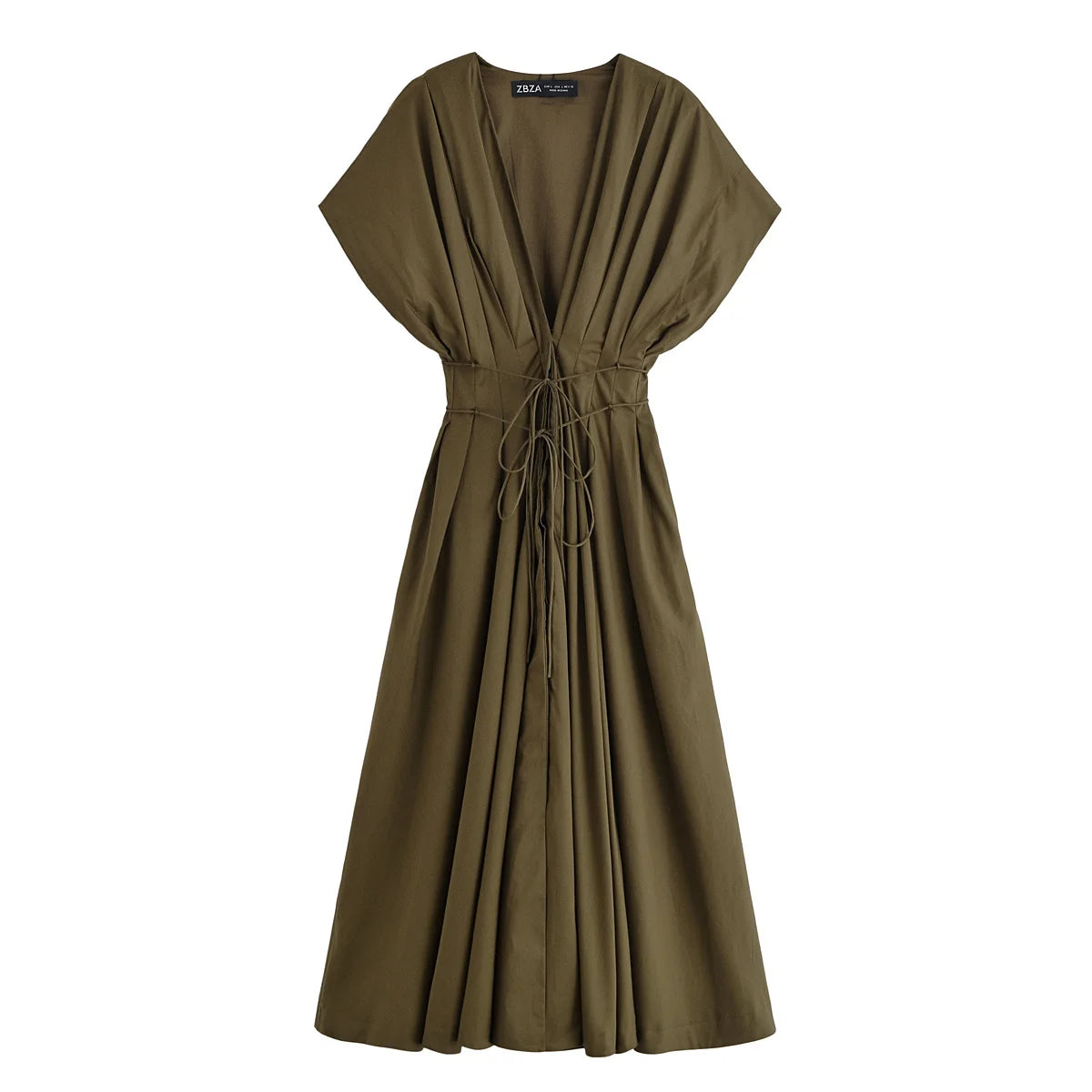 HH Women's Summer Fashion V-neck Lace-up Midi Short Sleeve Dress Female Elegant Backless Pleated Sexy Waist Long Dress