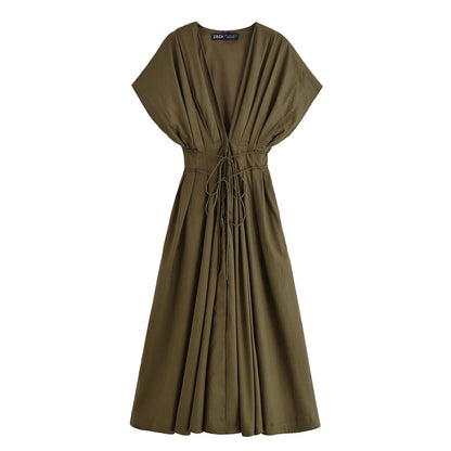 HH Women's Summer Fashion V-neck Lace-up Midi Short Sleeve Dress Female Elegant Backless Pleated Sexy Waist Long Dress