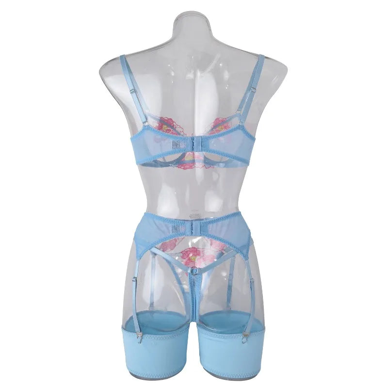 Tornova Sexy Embroidery Lingerie Suit for Women Mesh Patchwork Embroidery Women's Underwear Suit Sexy Garters Mesh Underwear Set