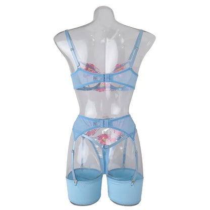 Tornova Sexy Embroidery Lingerie Suit for Women Mesh Patchwork Embroidery Women's Underwear Suit Sexy Garters Mesh Underwear Set