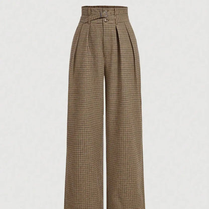 Women's plaid wide-leg trousers, retro high-waisted casual trousers, cargo style trousers with belt