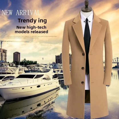 Winter New Men's Mid-Length Woolen Coat Double-Faced Cashmere Warm Business Style Korean Version Travel Suitable Single-Button