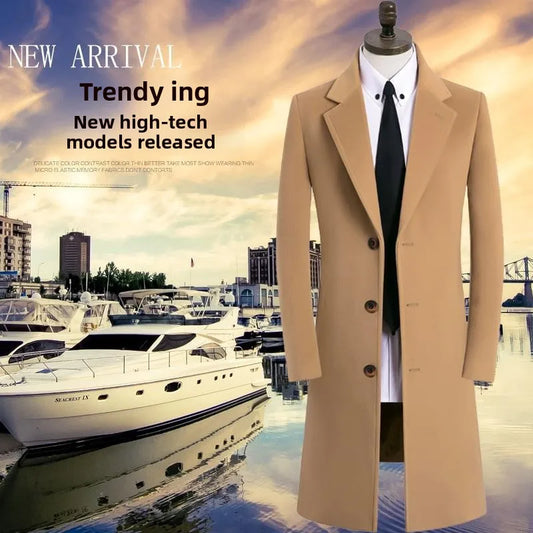 Winter New Men's Mid-Length Woolen Coat Double-Faced Cashmere Warm Business Style Korean Version Travel Suitable Single-Button