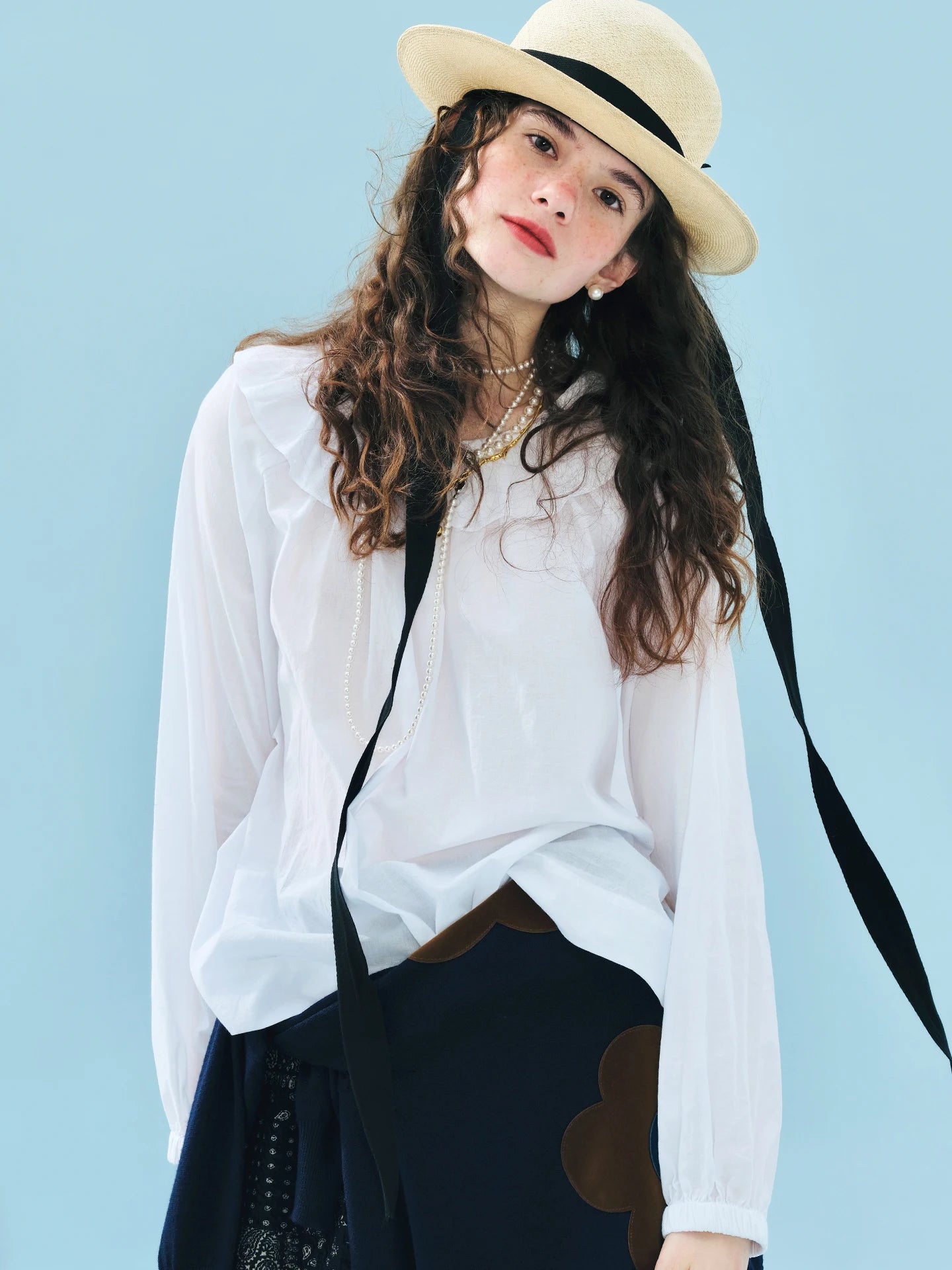 Women's White Ruffled Neckline Long - Sleeve Shirt Loose Fit Pleated Front Blouse 255170