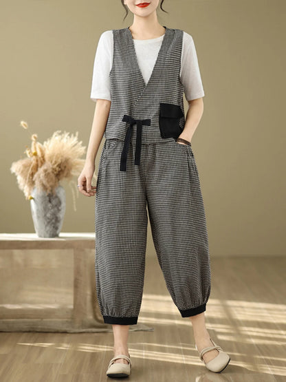 Fashionable Cotton Linen Plaid Set Casual Loose V-neck Tank Top And Lantern Pants Eighteen Loose Two-piece Set for Women