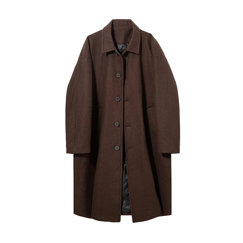 TFETTERS Brand Long Coat Man 2026 New Autumn Winter Turn Down Collar Solid Color Woollen Overcoat Mens Korean Fashion Streetwear