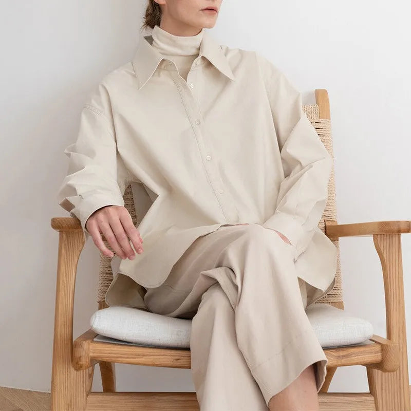 100% Cotton Loose Solid Color Basic Shirt For Women Spring 2026 Elegant Office Ladies Lapel Collared Cardigan Long-Sleeve Shirts