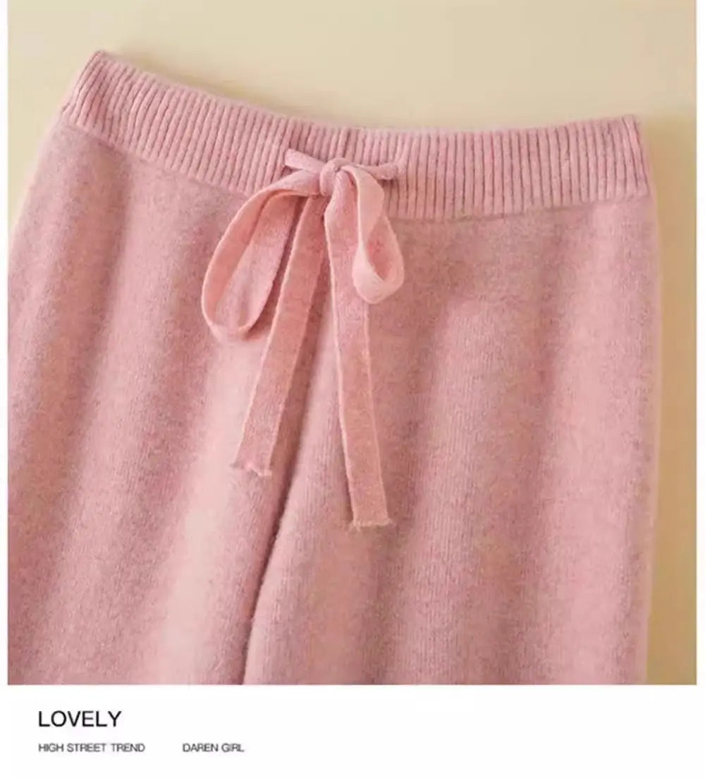 High Waist Wool Knitted Wide Leg Pants Women's Outerwear Autumn Winter Thickened Floor-Length Straight Cut Casual Trousers