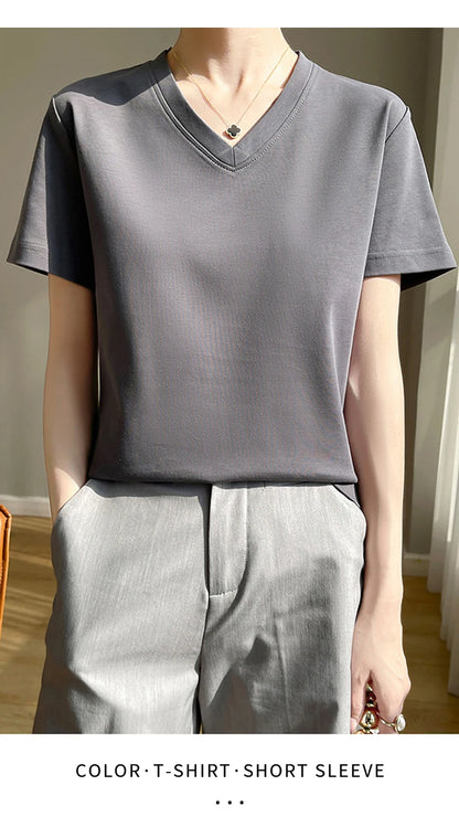 2026 Summer New Pure Cotton V-neck Short-sleeved T-shirt Women's Solid Color Joker Pullover Shirt with Loose Sleeve Bottom Shirt