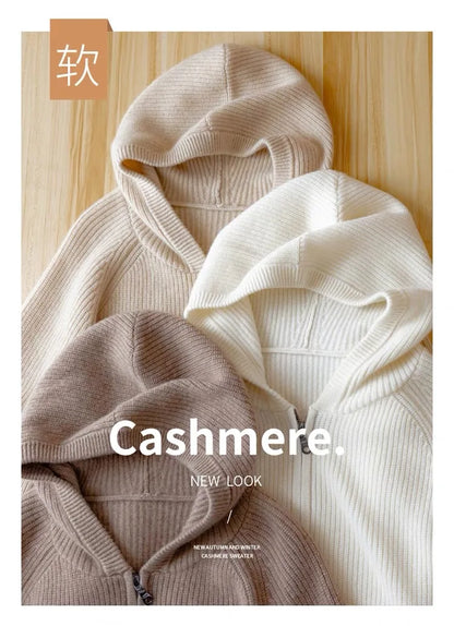 New 100% pure cashmere cardigan female loose zipper hoodie cashmere sweater coat hoodie