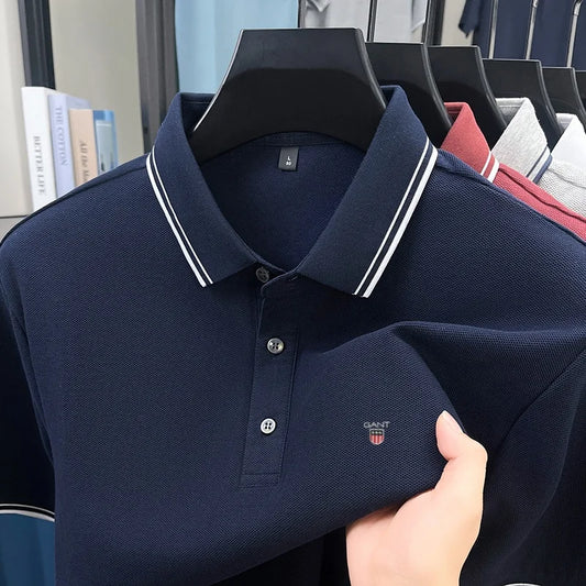 Summer men's exquisite embroidered short-sleeved POLO shirt 100% cotton breathable striped lapel daily business casual T-shirt