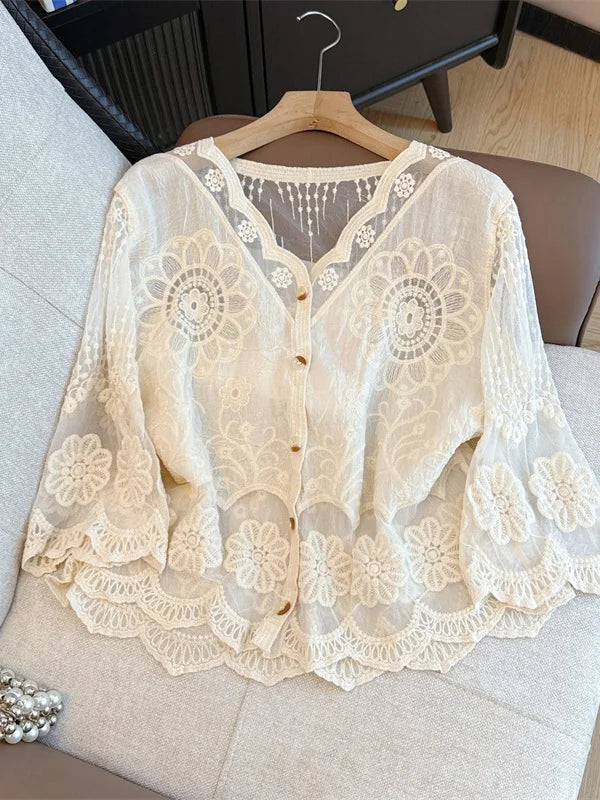 Elegant Embroidered Lace Shirt Women's Spring Summer plus Size Hollow out Button up Top French Style Straight Cut Thin Fabric