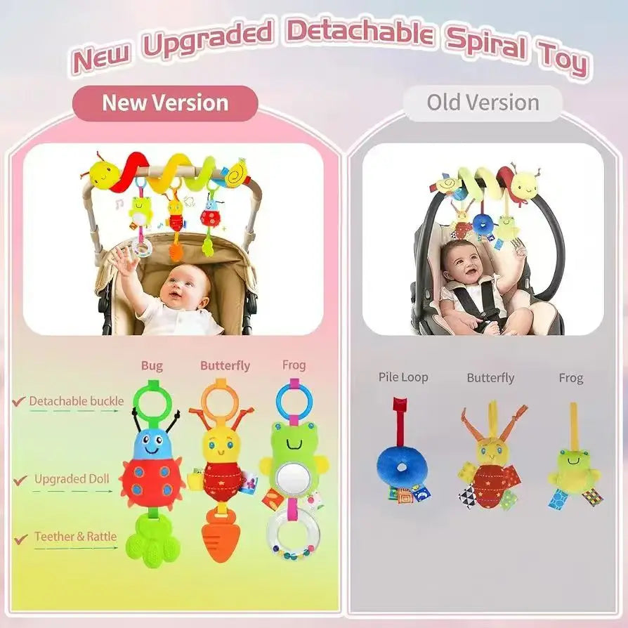 Baby Spiral Stroller Hanging Toy,Soft Plush Animal Rattle with detachable Teether&Mirror,Infant Car Seat Sensory Activity Toy