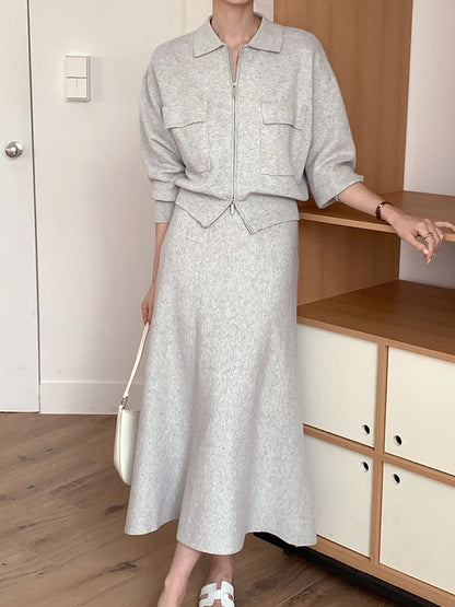 Korean Style Women's Fashion Short Knitted Top High Waist Skirt Sweater Two-Piece Set Chic Autumn Wear for Adults