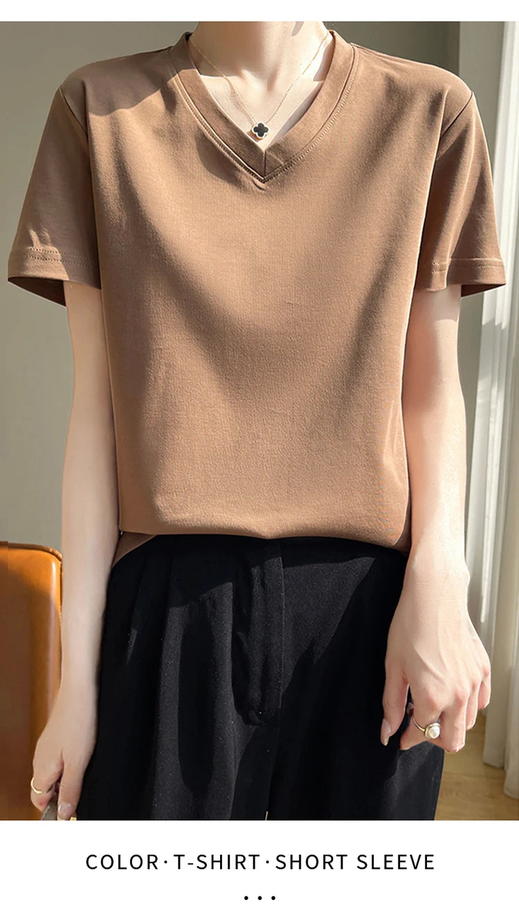 2026 Summer New Pure Cotton V-neck Short-sleeved T-shirt Women's Solid Color Joker Pullover Shirt with Loose Sleeve Bottom Shirt