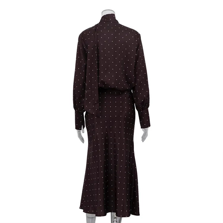 Two Piece Skirt Set Printed Polka Dot Satin Skirt Set Women's Long Sleeved Lace Up Shirt+high WAIST Midi Skirt Set