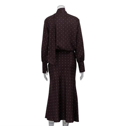 Two Piece Skirt Set Printed Polka Dot Satin Skirt Set Women's Long Sleeved Lace Up Shirt+high WAIST Midi Skirt Set