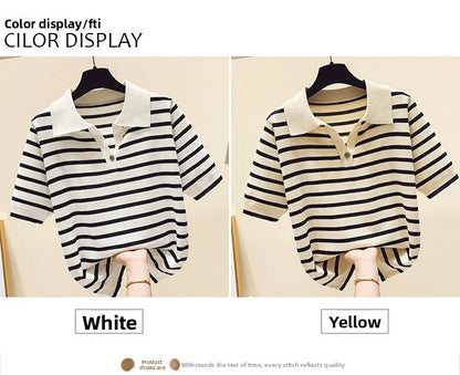 Loose Fit Ice Silk Knitted Short Sleeve T-Shirt Women's Summer Button up Top Slimming Striped  Neck Design plus Size