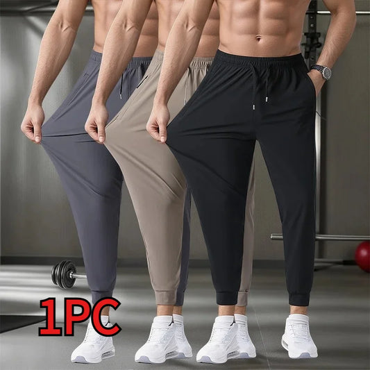 Men's Ice Silk Quick-Dry Pants Summer Lightweight Breathable Joggers with Zipper Pockets Elastic Waist Casual Sports Trousers fo