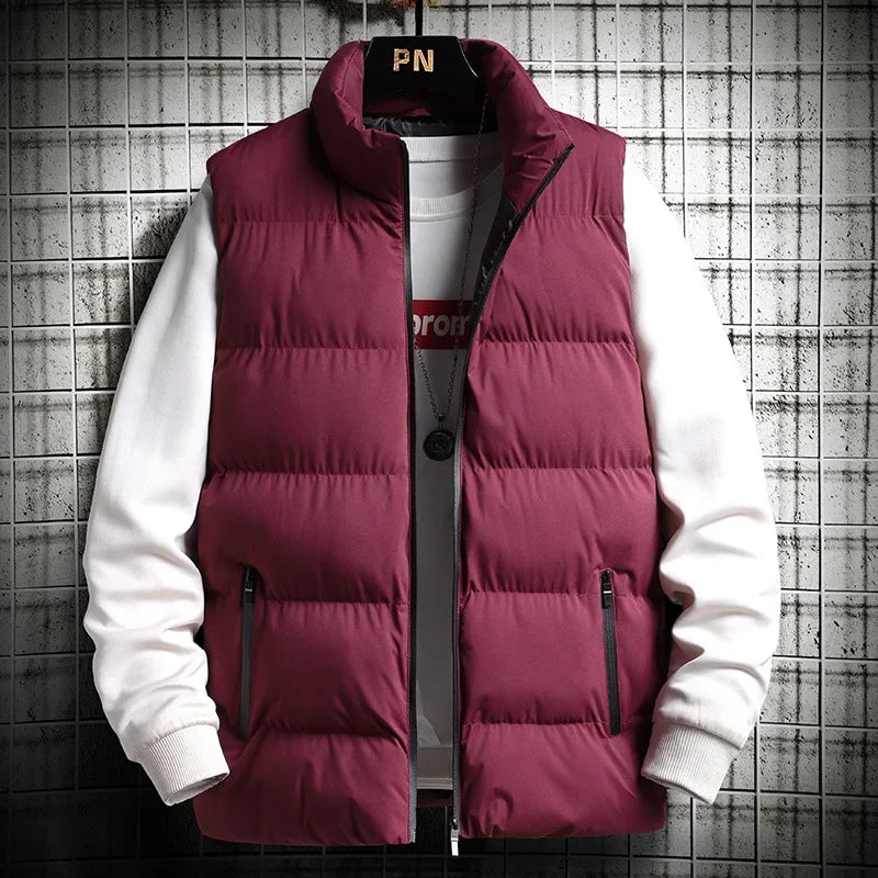 Casual jacket autumn and winter men's loose sleeveless zipper down vest men's solid color warm vest men's stand up collar jacket
