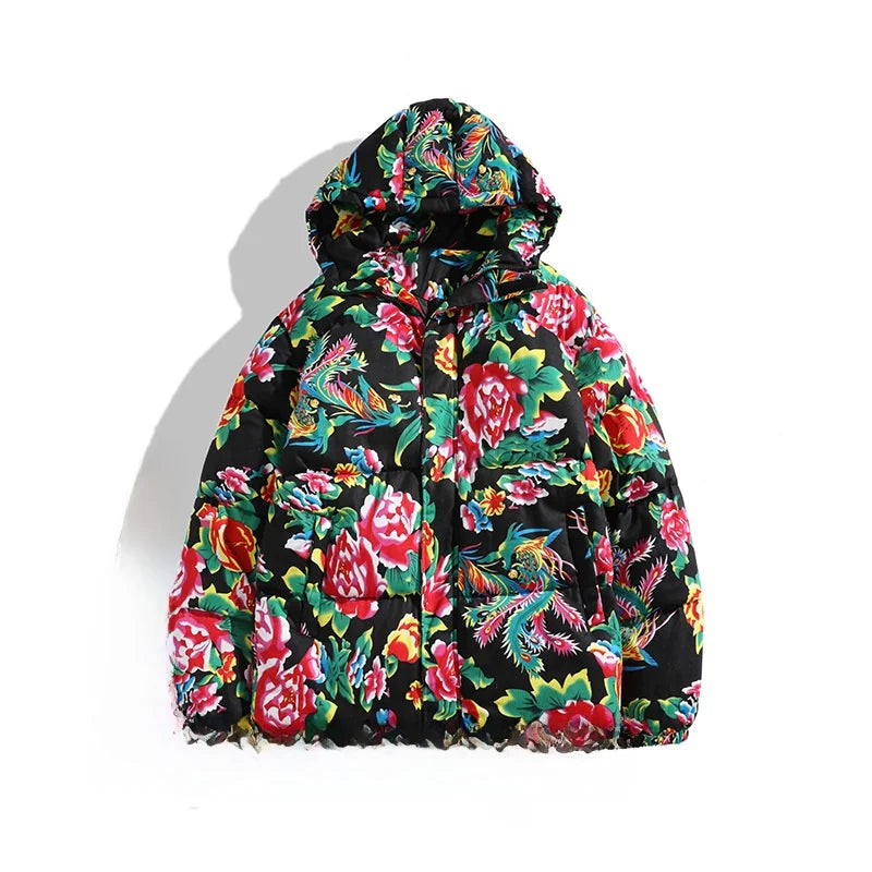 Thickened Long over Knee Hooded Fleece Lined Northeast Big Flower Coat Men's Cotton Jacket Youth Fashion Sport Scene Casual Coat