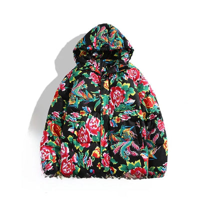 Thickened Long over Knee Hooded Fleece Lined Northeast Big Flower Coat Men's Cotton Jacket Youth Fashion Sport Scene Casual Coat