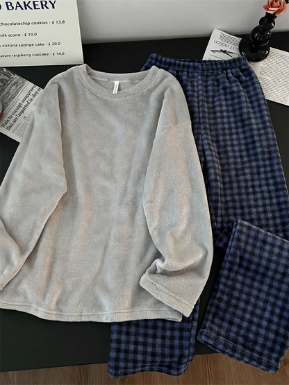 Men's Coral Fleece Pajamas Thickened Flannel Home Clothes Set Casual Loose Fit Autumn Winter Warm Sleepwear round Neck Sweats...