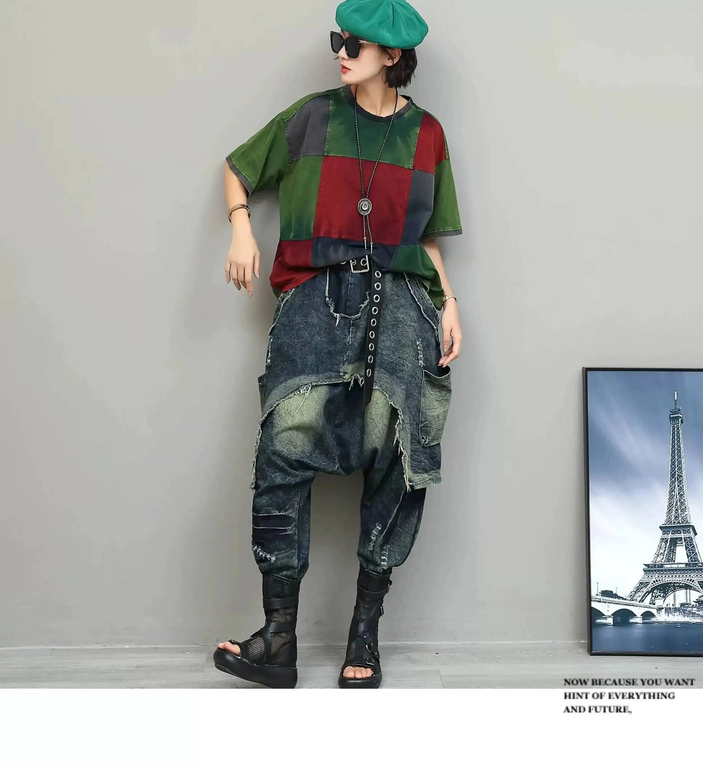 Color-blocked Suit Women Short-sleeve T-shirt + Loose Faux Two-piece Denim Drop-crotch Pants Two Piece Set Summer XY311