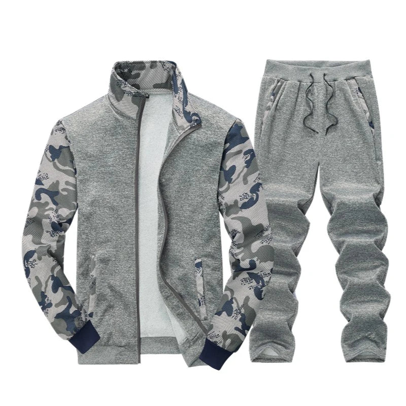 Cross border European code new camouflage hoodie men's spring and autumn long sleeved casual sports suit fleece hoodie two-piece