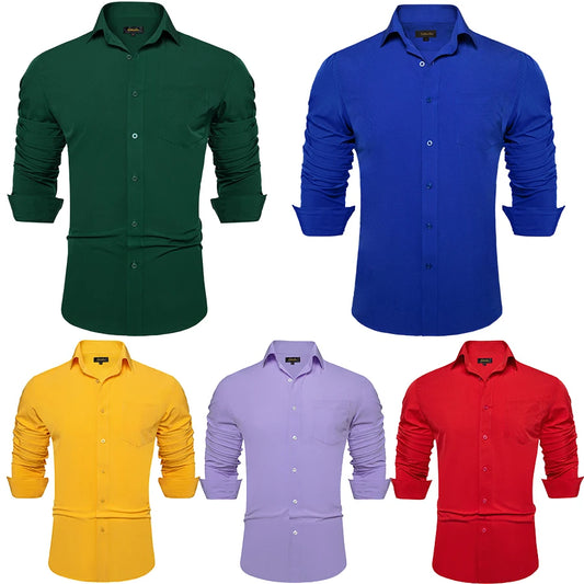 Solid Men Shirts Long Sleeve Cotton Polyester Blue Green Yellow Classic Basic Casual Slim Business Office Shirts Clothes
