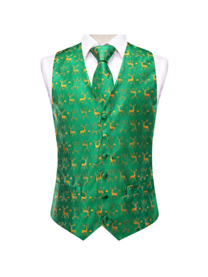 Men's Christmas Print Vest 3-Piece Set: Vest, Tie, Pocket Square, Red Blue Green Yellow for Holiday Parties