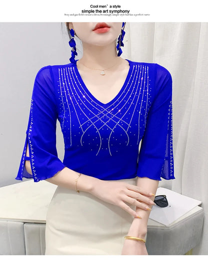 2026 Spring Summer Mesh Tops Korean Fashion Diamond T Shirt Slim 3/4 Sleeve Hollow Out Casual Women Shirt
